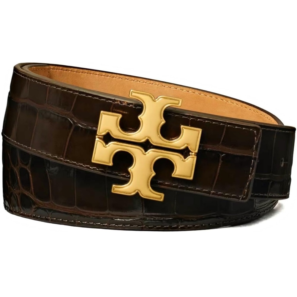 Tory Burch Dark Brown Croc-Embossed Leather Belt with Gold Logo Buckle